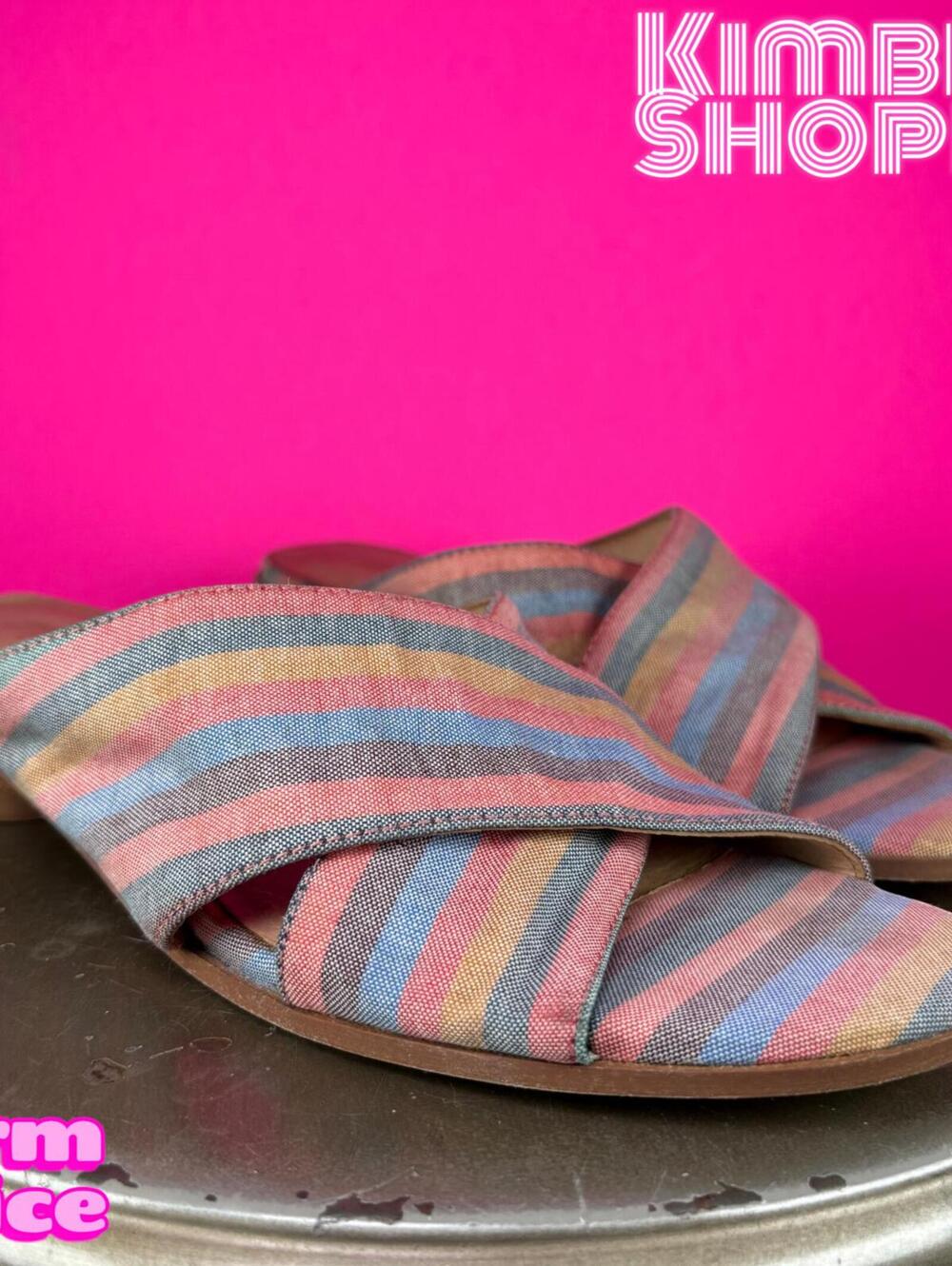 Madewell The Ruthie Rainbow Stripe Fabric Crisscross Mule Heeled Sandal US 7.5
